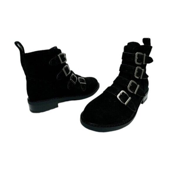 Aerosoles NWOB Arezzo Faux Suede Bootie 7M Black Buckles Lug Low Block  Heel - Picture 1 of 14